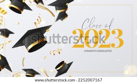 Greeting banner for design of graduation 2023. Falling graduation caps, golden confetti and serpentine. Congratulations graduates of 2023. Vector illustration for decoration social media, banners. Royalty-Free Stock Photo #2252007167