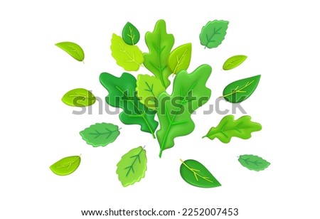 3d nature elements, summer oak leaves. Spring green plants composition, foliage frame, futuristic design. Forest elements. Ecological sign. Vector abstract neoteric illustration