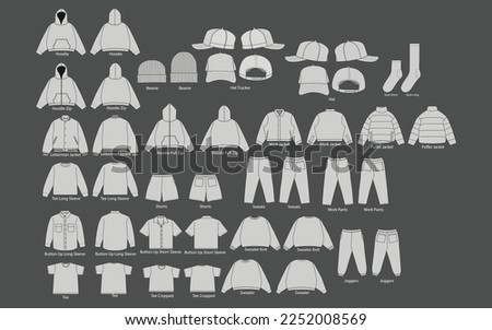 Vector apparel Mockup set collection. Men's t-shirt trucker hoodie joggers jacket short sweater pant design template. Sock shorts hat tee work jacket pant vector illustration set. CAD mockup Set. Royalty-Free Stock Photo #2252008569