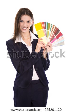 Isolated smiling business woman sales colors for walls at home.