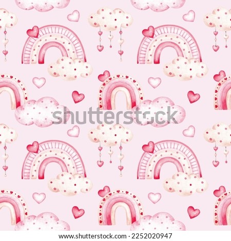 Seamless pattern isolated on pink background. Hand drawn by watercolor. Cute rainbows, clouds, hearts and love symbols. Valentine's day digital paper
