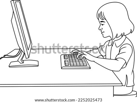 kid playing computer line vector illustration isolated on white background