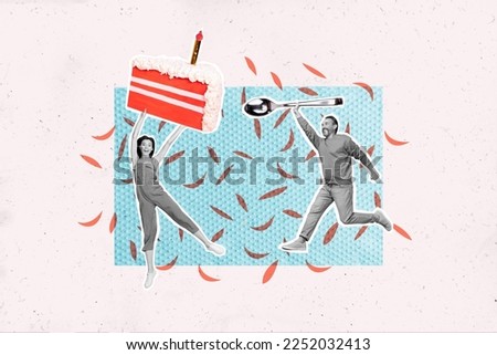 Creative drawing collage picture of excited cheerful little man woman dancing hold piece cake happy birthday have fun big spoon tasty