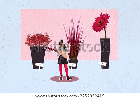 Collage 3d image of pinup pop retro sketch of attractive small woman fashionista pick flower shopping advert price payment spring concept