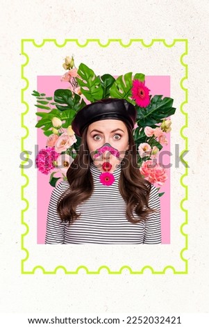 Vertical creative collage image of surprised amazed young beautiful woman cutted slice face fashionista beret attractive flowers nature