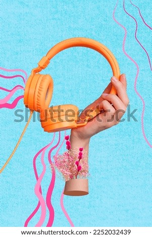 Photo cartoon comics sketch collage picture of arm holding floral headphones isolated drawing background
