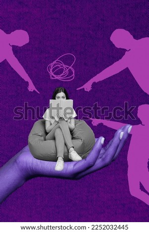 Vertical artwork photo collage of young woman sitting bean bag reading book hiding bully people pointing fingers isolated on purple color background