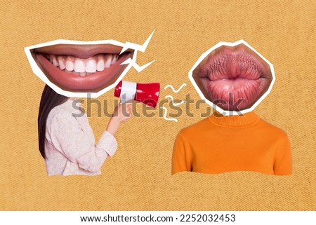 Creative collage picture of two people toothy smile mouth pouted kiss lips instead head talk communicate loudspeaker Royalty-Free Stock Photo #2252032453