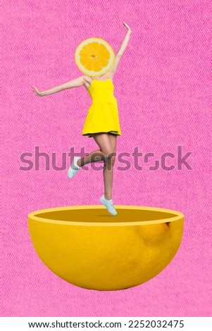 Collage 3d image of pinup pop retro sketch of happy carefree lady citrus half instead of head having fun isolated painting background