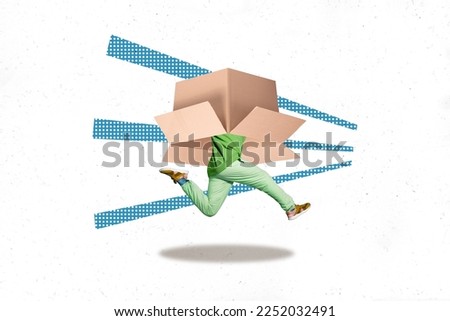 Creative drawing collage picture of running fast man hide carton cardboard box delivery post office ecommerce eshop online internet order Royalty-Free Stock Photo #2252032491