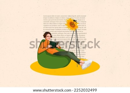 Creative photo 3d collage artwork poster postcard of beautiful smart lady reading favorite book isolated on painting background