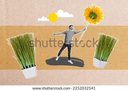 Creative photo 3d collage artwork poster of funky young man hold big flower walking nature enjoy good time isolated on painting background