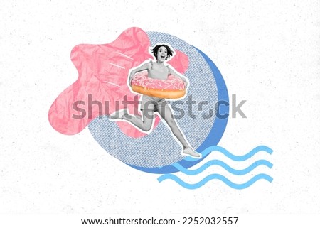 Creative photo 3d collage artwork poster of funky crazy girl carrying big donut cant refuse sweet food yoga isolated on painting background Royalty-Free Stock Photo #2252032557