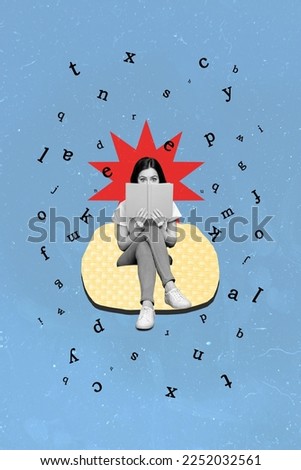 Creative photo 3d collage artwork poster picture of smart clever lady preparing exam test isolated on painting background