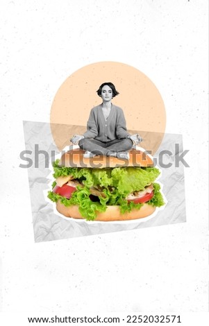 Creative photo 3d collage artwork poster of focused girl refusing fastfood avoiding stress practicing yoga isolated on painting background