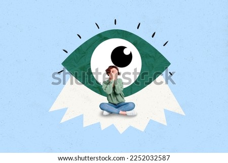 Creative photo 3d collage artwork poster picture of funky carefree playful girl under huge human eye isolated on painting background