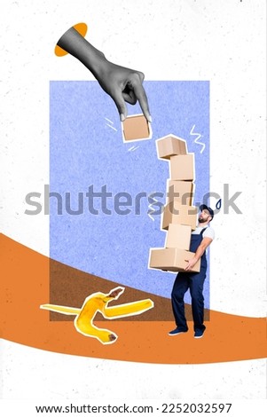 Vertical collage image of big black white effect arm fingers through hole give mini courier guy pile stack carton boxes