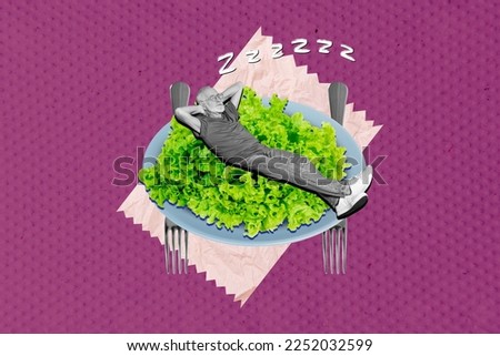 Creative collage picture of aged person black white colors laying sleeping fresh salad plate isolated on drawing purple background