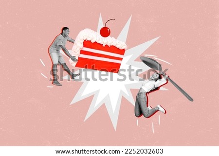 Collage artwork picture of two excited black white colors people jumping hold piece cake spoon isolated on drawing background
