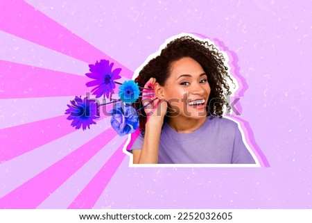 Collage picture of cheerful positive girl arm near ear listen head flourish flowers isolated on painted background