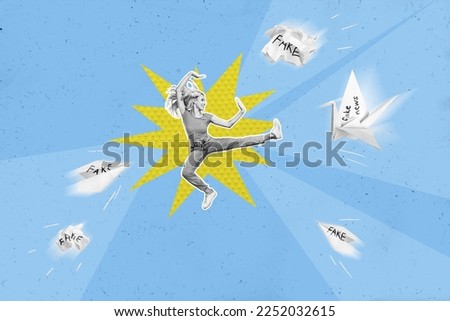 Creative collage image of black white colors mini girl jumping flying fight paper fake news paper plane crane isolated on painted background