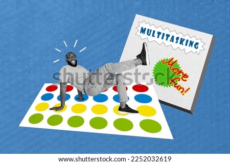 Composite collage image of young funny man playing twister game multitasking have fun businessman worker entrepreneur freelancer Royalty-Free Stock Photo #2252032619