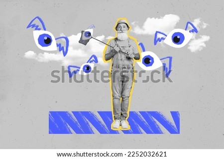 Composite collage image of retired man hold fishing net flying eyes wings overall panama spying superintend supervision surveillance