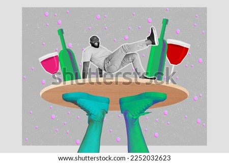 Creative abstract template collage of funny funky dancing hip hop man waiter tray alcohol have fun wine drunk friday celebrate holiday Royalty-Free Stock Photo #2252032623