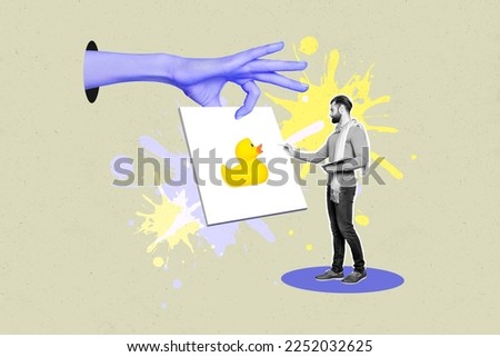 Collage picture of big arm fingers through hole hold painting canvas mini black white gamma guy drawing duck isolated on creative background