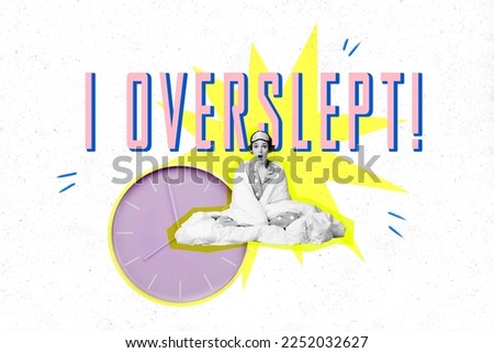 Creative poster collage of funny funky young woman overslept blanket duvet time management late work worker employee confused nervous