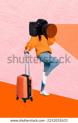 Photo cartoon comics sketch collage picture of lady camera instead of head enjoying new trip isolated drawing background