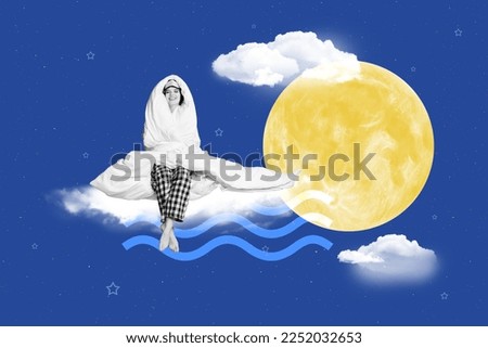 Creative abstract template collage of dreamy cute pretty young woman sitting bedroom full moon night sky clouds wake up weird freak bizarre