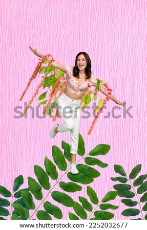 Vertical collage image of cheerful pretty mini girl stand dancing green plant leaf hands flowers isolated on painted background