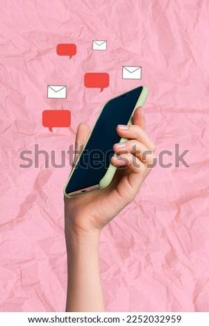 Photo collage artwork minimal picture of arm typing instagram twitter telegram facebook isolated drawing background