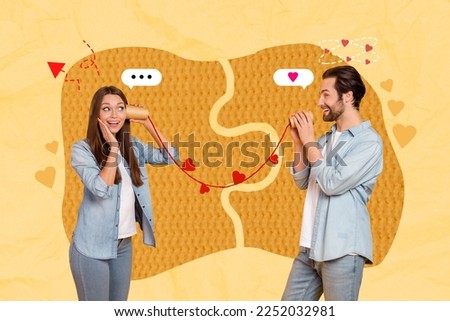 Creative 3d photo artwork graphics collage painting of funny funky lady guy talking toy telephone isolated drawing background