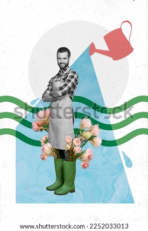Creative trend collage of young gardener rubber boots flowers blooming blossoming watering can folded arms photorealism vintage weird freak