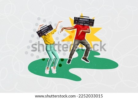 Creative photo 3d collage artwork poster postcard of crazy people have fun listening music isolated on painting background