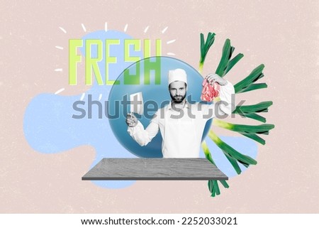 Creative drawing collage picture of young chef cook fresh meat sharp knife cooking show cutting green onions vegetable recipe concept