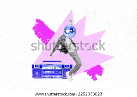Creative 3d photo graphics collage painting of funky cool guy enjoying boom box disco ball instead of head isolated drawing background Royalty-Free Stock Photo #2252033023