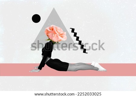 Creative photo collage illustration of headless girl pink rose instead of head stretching doing exercise isolated on grey color background