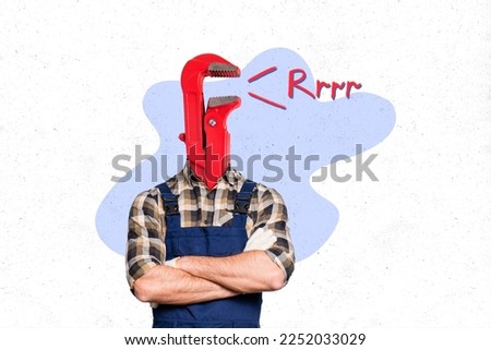 Creative collage image of confident construction worker man wrench key tool instead head isolated on painted background