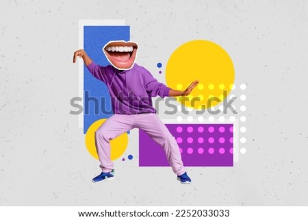 Creative abstract template collage of funny young man hoodie big smiling mouth instead head toothy beaming smile dancing chilling artwork Royalty-Free Stock Photo #2252033033