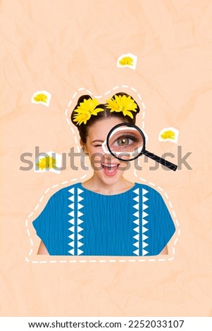 Exclusive magazine picture sketch collage image of funny funky lady investigating loupe yellow flowers isolated painting background