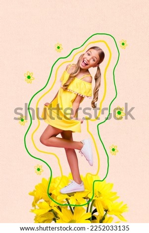 Photo collage artwork minimal picture of happy smiling girl standing yellow flowers bouquet bunch isolated drawing background