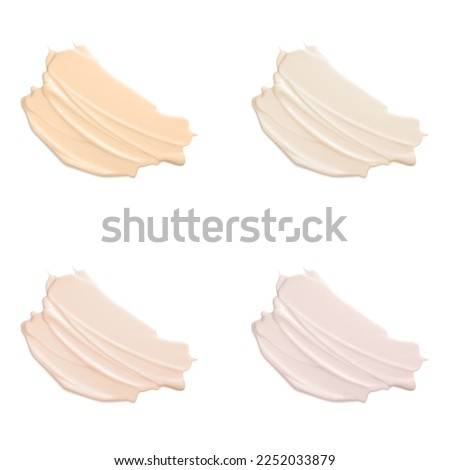 Makeup foundation swatches isolated on white background. Brown color correcting cream strokes of various shades.