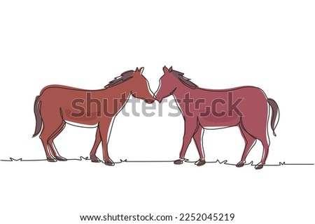 Single continuous line drawing two horses walks gracefully face to face. Wild mustang gallops in free nature. Animal mascot for horse ranch. Dynamic one line draw graphic design vector illustration