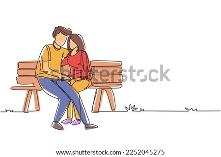 Single continuous line drawing romantic couple. Woman man sitting on bench in city park. Happy family concept. Intimacy celebrates wedding anniversary. One line draw graphic design vector illustration