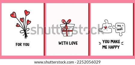 Set of 3 cards for valentine's day. Valentine's day greeting postcard set. 14 February vector illustration