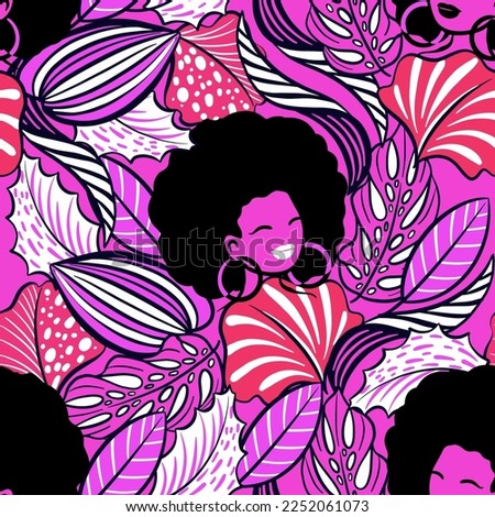 Tropical leaves and African girl portrait, seamless pattern with vector hand drawn illustrations 