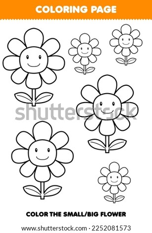 Education game for children coloring page big or small picture of cute cartoon flower line art printable nature worksheet